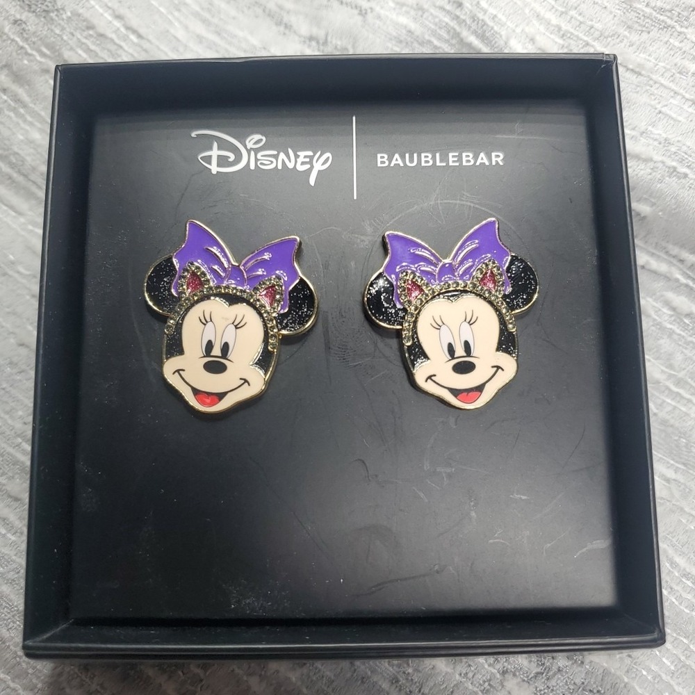Disney BaubleBar OS Stud Earrings Womens Purple Minnie Mouse Crystal Enamel Box